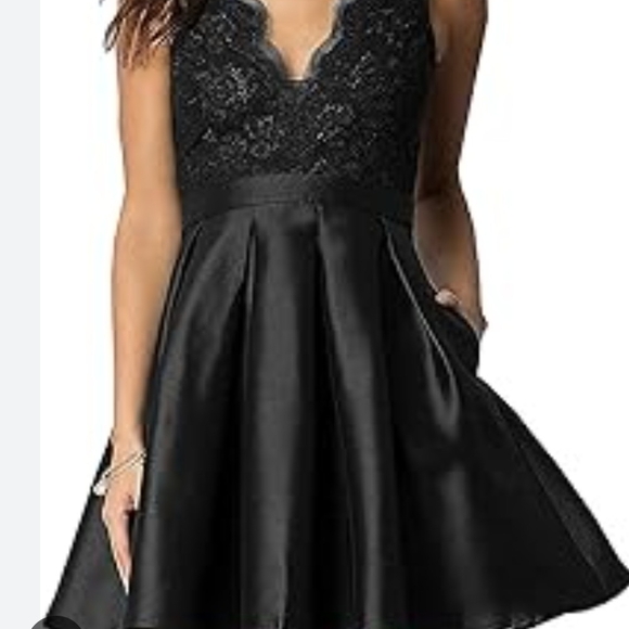 FRNCH Dresses & Skirts - FRNCH Black Lace V-Neck Fit & Flare Mini Dress